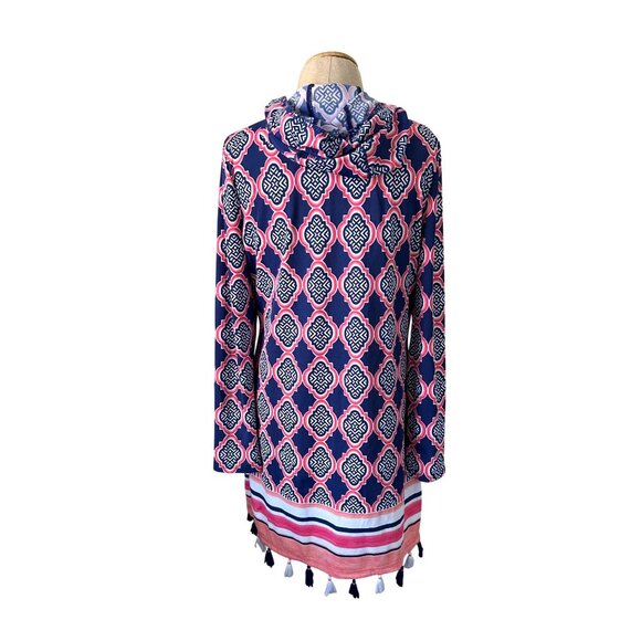 Cabana Life Women's Sz S Hooded Tunic Cover-Up Dress Navy Pink Print W/ Tassels - Picture 2 of 12